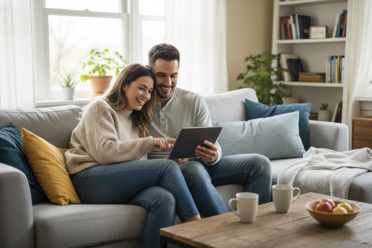 gere uma imagem realista de um casal fazendo compras online
